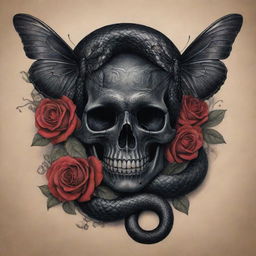 A tattoo of a menacing black snake, interweaved with a moody skull, fluttering butterflies, and ageless roses