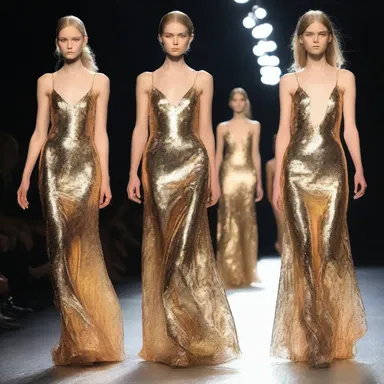 The runway show featured a stunning dress made entirely of metallic filaments, sparkling and shimmering under the bright lights.