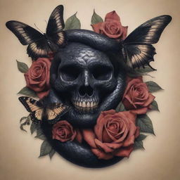 A tattoo of a menacing black snake, interweaved with a moody skull, fluttering butterflies, and ageless roses