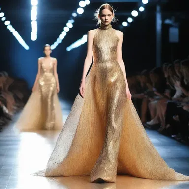 The runway show featured a stunning dress made entirely of metallic filaments, sparkling and shimmering under the bright lights.
