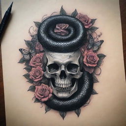 A tattoo of a menacing black snake, interweaved with a moody skull, fluttering butterflies, and ageless roses