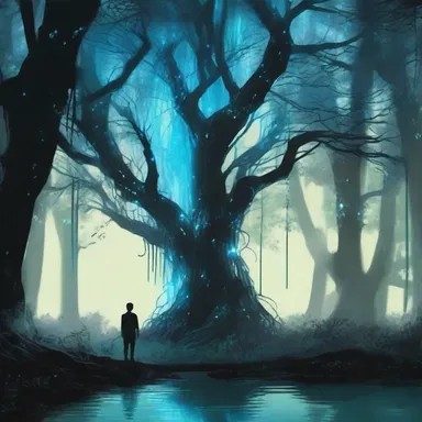 As the protagonist walked through the dark forest, he noticed the shimmering light of bioluminescent filaments hanging from the trees, creating an enchanting atmosphere.