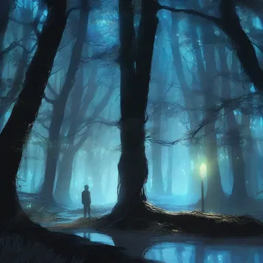 As the protagonist walked through the dark forest, he noticed the shimmering light of bioluminescent filaments hanging from the trees, creating an enchanting atmosphere.