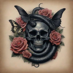 A tattoo of a menacing black snake, interweaved with a moody skull, fluttering butterflies, and ageless roses