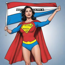 Comic character Superwoman, confidently holding a Multan Matters flag in a dynamic comic book style