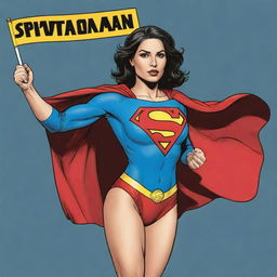 Comic character Superwoman, confidently holding a Multan Matters flag in a dynamic comic book style