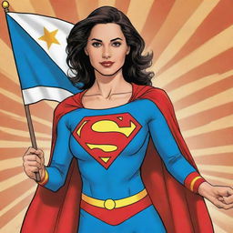 Comic character Superwoman, confidently holding a Multan Matters flag in a dynamic comic book style