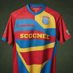 A detailed soccer jersey, brightly colored, complete with a vibrant logo and matching text that reads 'Soccer City'.