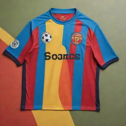 A detailed soccer jersey, brightly colored, complete with a vibrant logo and matching text that reads 'Soccer City'.