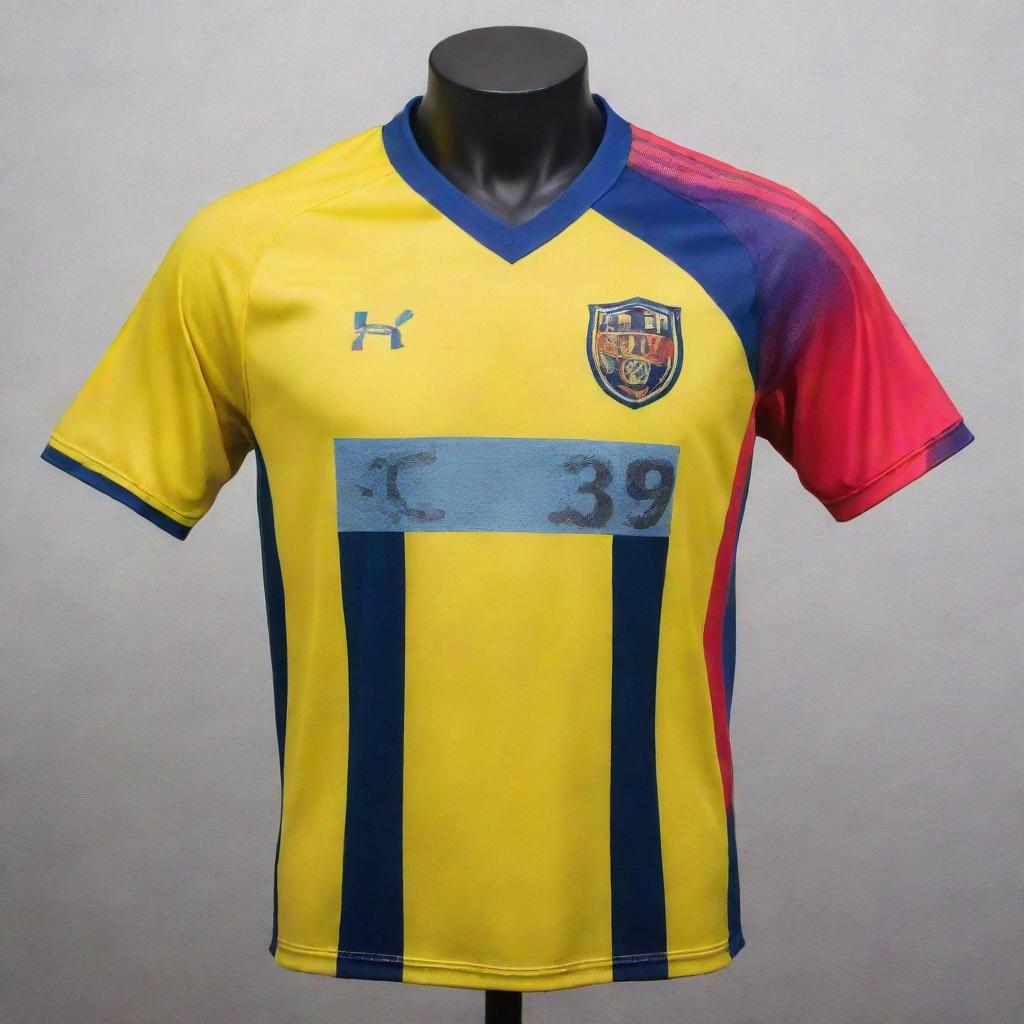 A detailed soccer jersey, brightly colored, complete with a vibrant logo and matching text that reads 'Soccer City'.