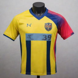 A detailed soccer jersey, brightly colored, complete with a vibrant logo and matching text that reads 'Soccer City'.