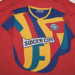 A detailed soccer jersey, brightly colored, complete with a vibrant logo and matching text that reads 'Soccer City'.