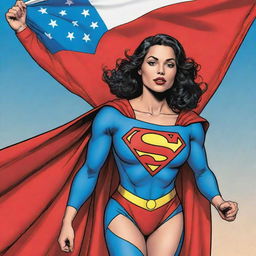 Comic character Superwoman, valiantly holding a MultanMatters flag, drawn in a vibrant comic book style