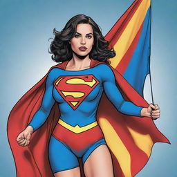 Comic character Superwoman, valiantly holding a MultanMatters flag, drawn in a vibrant comic book style