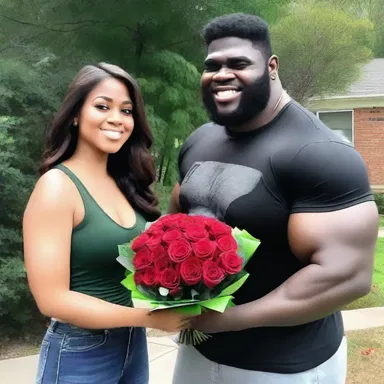 She was surprised when her boyfriend, a hulking man, presented her with a bouquet of roses.