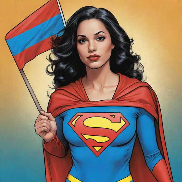 Comic character Superwoman, valiantly holding a MultanMatters flag, drawn in a vibrant comic book style