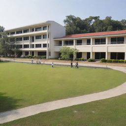 A beautiful, sprawling school with modern architecture, equipped with state-of-the-art facilities, vibrant classrooms, lush green lawns, and a vast sports field. The school is bathed in warm sunlight, signaling a nurturing and positive environment.