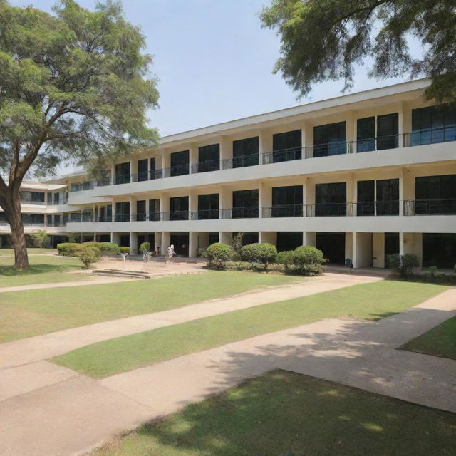 A beautiful, sprawling school with modern architecture, equipped with state-of-the-art facilities, vibrant classrooms, lush green lawns, and a vast sports field. The school is bathed in warm sunlight, signaling a nurturing and positive environment.