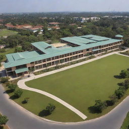 A beautiful, sprawling school with modern architecture, equipped with state-of-the-art facilities, vibrant classrooms, lush green lawns, and a vast sports field. The school is bathed in warm sunlight, signaling a nurturing and positive environment.