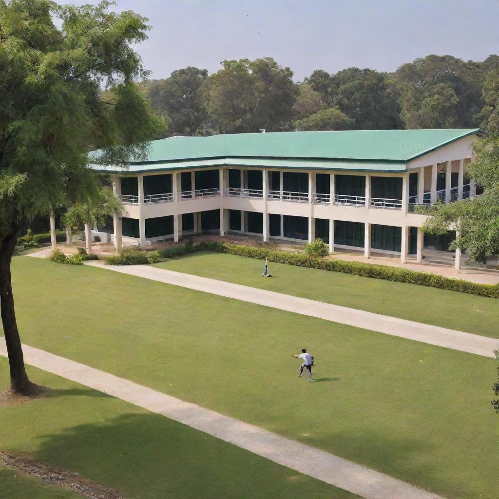 A beautiful, sprawling school with modern architecture, equipped with state-of-the-art facilities, vibrant classrooms, lush green lawns, and a vast sports field. The school is bathed in warm sunlight, signaling a nurturing and positive environment.