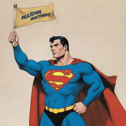 Superman, the comic book character, in a heroic pose holding a flag with the inscription 'MultanMatters'