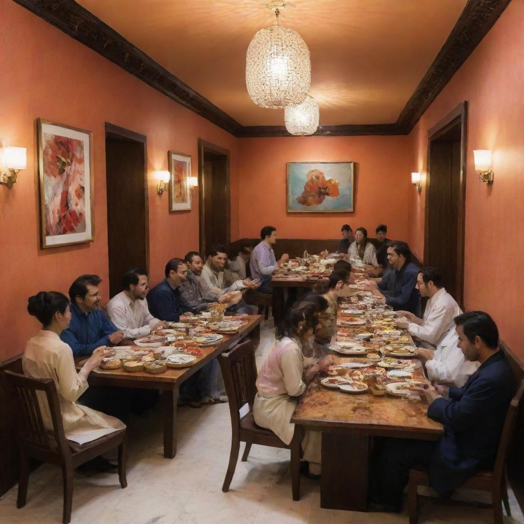 A vibrant scene of people enjoying sushi in a beautifully decorated Pakistani hotel