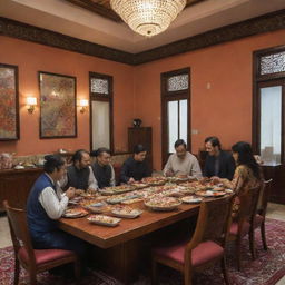 A vibrant scene of people enjoying sushi in a beautifully decorated Pakistani hotel