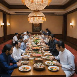 A vibrant scene of people enjoying sushi in a beautifully decorated Pakistani hotel