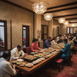 A vibrant scene of people enjoying sushi in a beautifully decorated Pakistani hotel