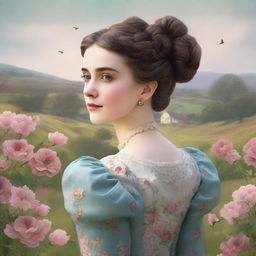 An image of a young woman in a field of blooming flowers, set in Victorian England