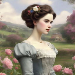 An image of a young woman in a field of blooming flowers, set in Victorian England