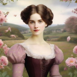 An image of a young woman in a field of blooming flowers, set in Victorian England