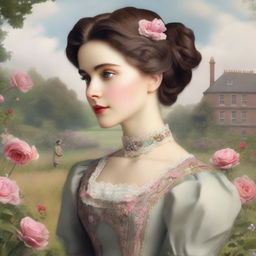 An image of a young woman in a field of blooming flowers, set in Victorian England