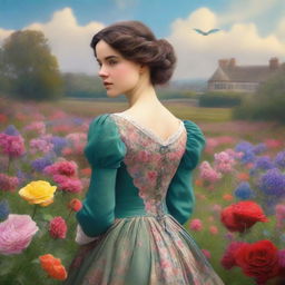 This is a high-quality digital art piece depicting a young woman in the midst of a flower field in Victorian England