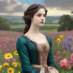 This is a high-quality digital art piece depicting a young woman in the midst of a flower field in Victorian England