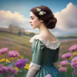 This is a high-quality digital art piece depicting a young woman in the midst of a flower field in Victorian England