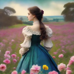 This is a high-quality digital art piece depicting a young woman in the midst of a flower field in Victorian England