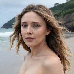 Generate images ofElizabeth Olsen on a beach 