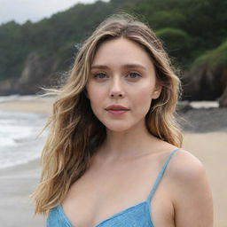 Generate images ofElizabeth Olsen on a beach 