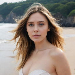 Generate images ofElizabeth Olsen on a beach 