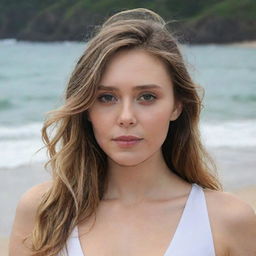 Generate images ofElizabeth Olsen on a beach 