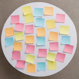 Top view of a round table with colourful sticky notes