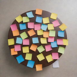 Top view of a round table with colourful sticky notes