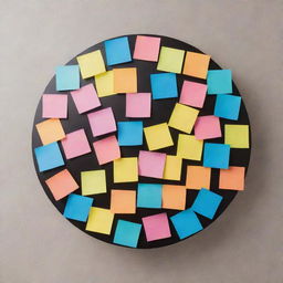 Top view of a round table with colourful sticky notes