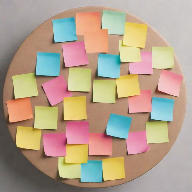 Top view of a round table with colourful sticky notes