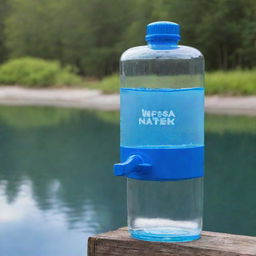 Dispenser water with blue nature background and Nessa wate neatly and boldly written on it