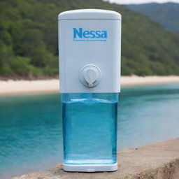 Dispenser water with blue nature background and Nessa wate neatly and boldly written on it