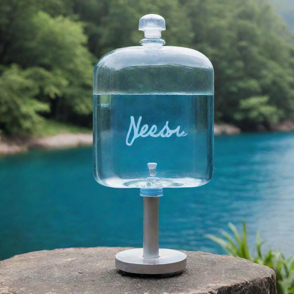 Dispenser water with blue nature background and Nessa wate neatly and boldly written on it