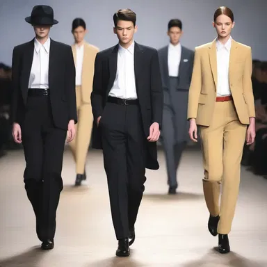 The fashion show featured a collection of mannish clothing, with tailored suits and structured silhouettes.