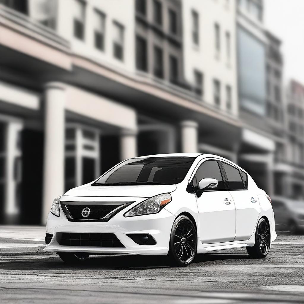A high-quality digital art image featuring a modded white Nissan Versa